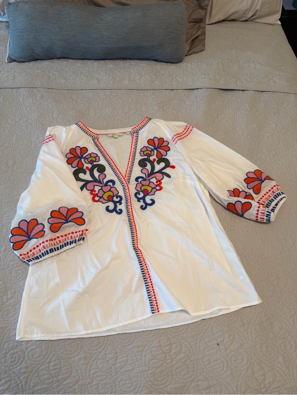 Boden White Embroidered V-Neck Boho Top with Orange & Navy Floral Accents, 12